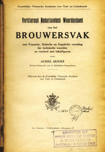 Titelbladzijde 'Woordenboek van het brouwersvak' (A. Quicke)